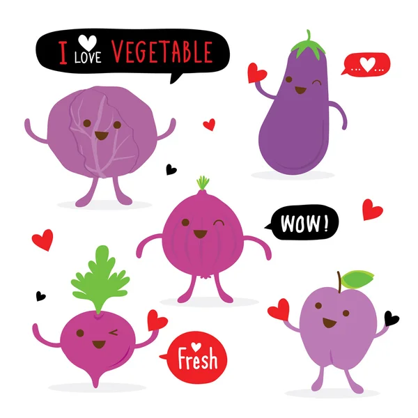 Vegetable and Fruit Cartoon Cute Set Shallot Eggplant Beetroot Cabbage Plum Vector — Stock Vector