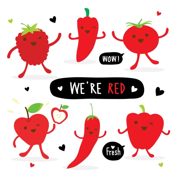 Dibujos Animados Vegetales y Frutas Lindo Set Pimienta Rojo Chili Tomate Manzana Fresa Vector — Vector de stock