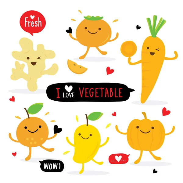 Verduras y frutas de dibujos animados lindo conjunto de jengibre calabaza mango naranja zanahoria caqui vector — Vector de stock