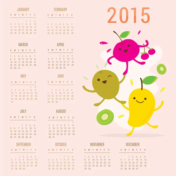 Calendario 2015 fruta linda historieta Mango cereza Kiwi Vector — Vector de stock