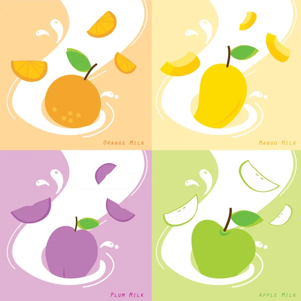 Mléka, příchuť pomeranč vektor Apple Mango švestka — Stockový vektor