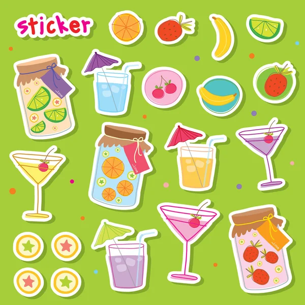 Sticker Fruit Juice Drink Cocktail Fresh Cute cartoon Design Vector — Stock Vector