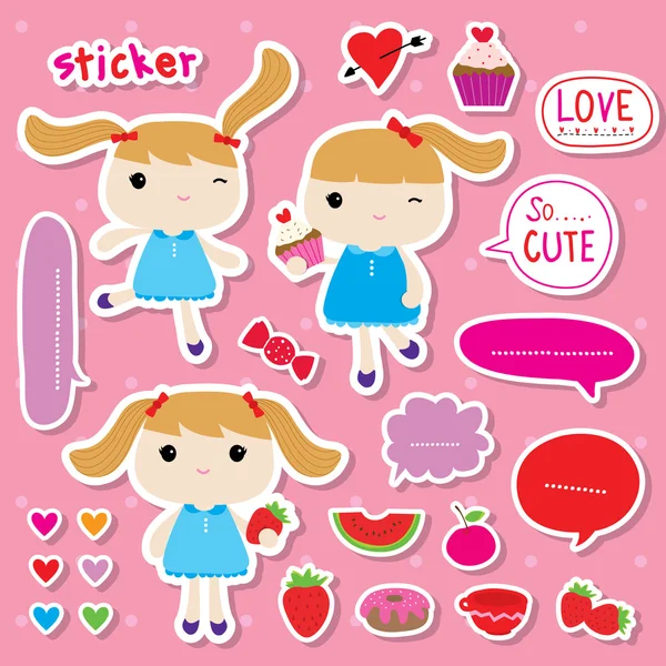Sticker Girl Cute Fruit Sweet Cartoon Vector — Stockvector