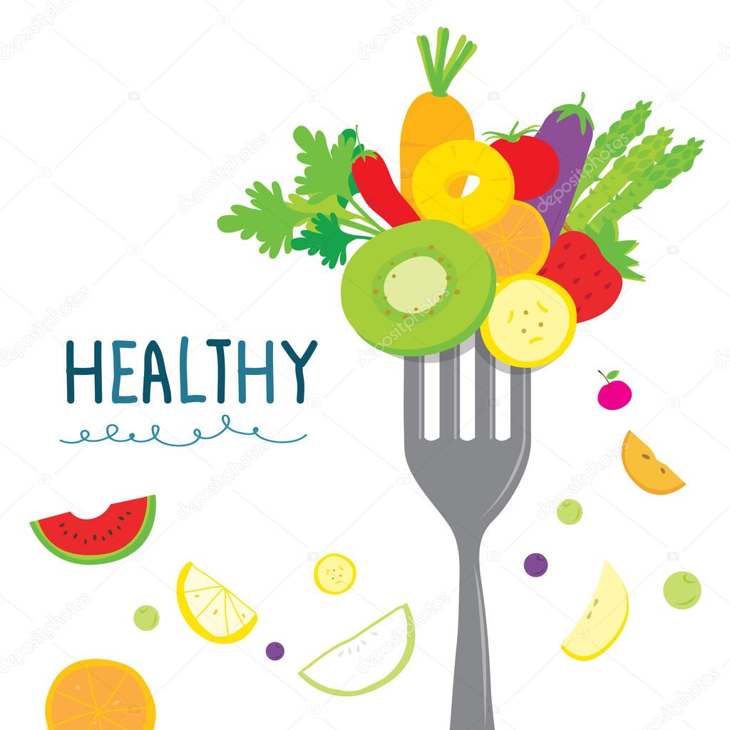 Healthy Fruit Vegetable Diet Eat Useful Vitamin Cartoon Vector