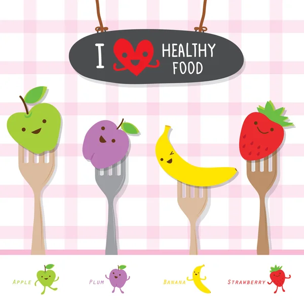 Makanan Sehat Buah Diet Makan Vitamin Useful Cartoon Cute Vector - Stok Vektor