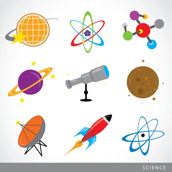 Set hal-hal Ikon ilmu pengetahuan Tata Surya Planet Rocket Kartun Vektor - Stok Vektor
