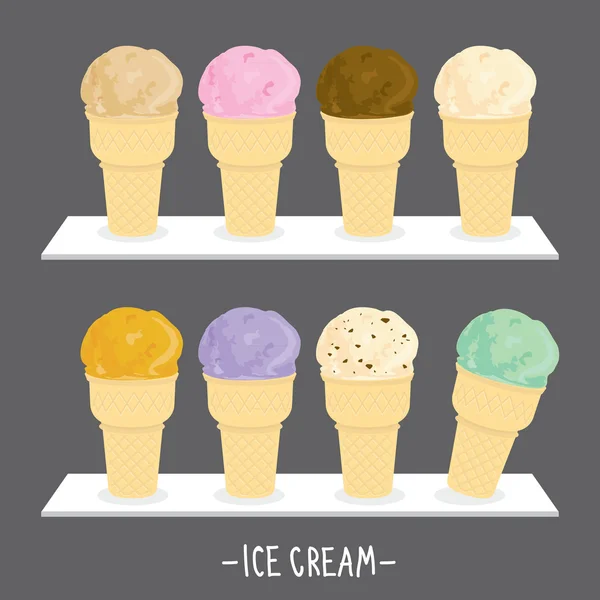 Ice cream menu kegel scoop zoete smaak cartoon vector — Stockvector