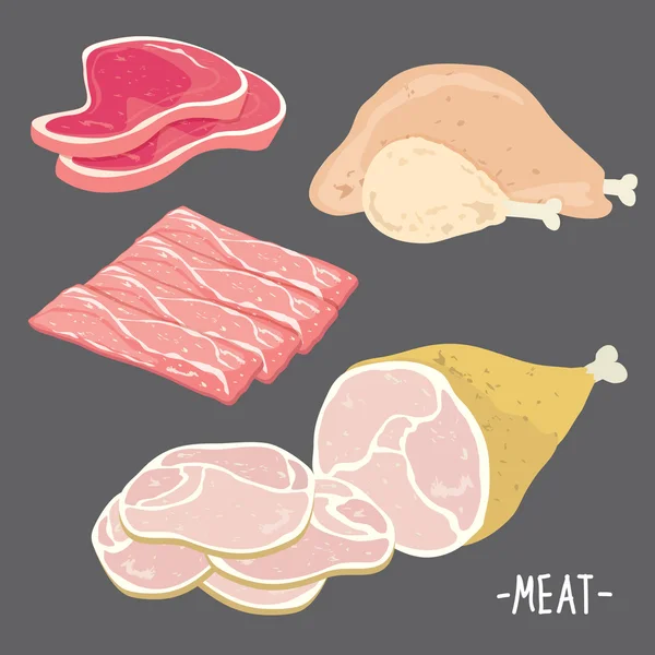 Fleisch essen Rindfleisch Schweinespeck Huhn frische rohe Stück Scheibe Cartoon-Vektor — Stockvektor