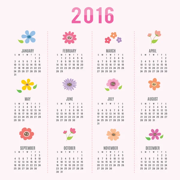 Kalendarz 2016 kwiat kreskówka wektor — Wektor stockowy