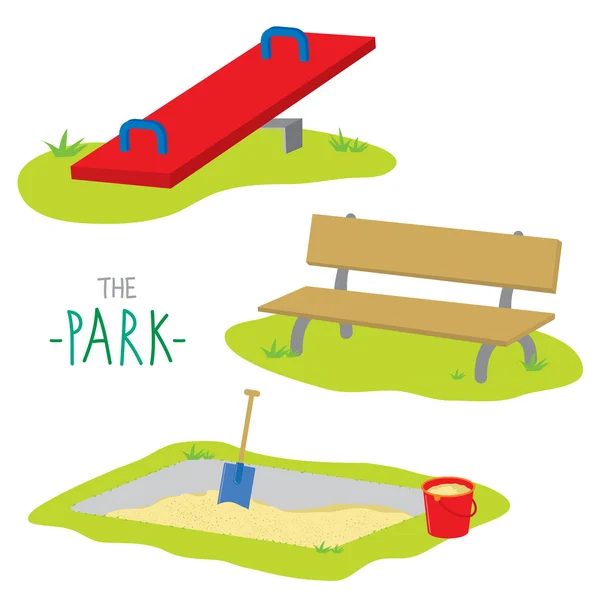 Le banc du parc Sandpit Seesaw Activité Kid Relax Play Cartoon Vector — Image vectorielle