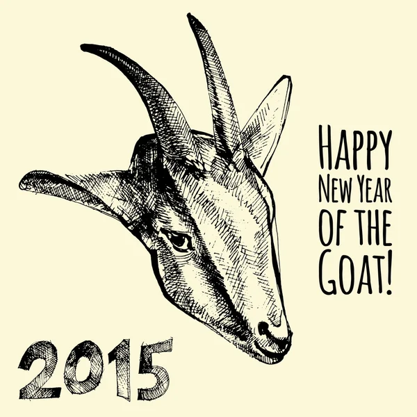 Tarjeta de año nuevo con una cabra. Dibujo manual vectorial ilustración — Vector de stock