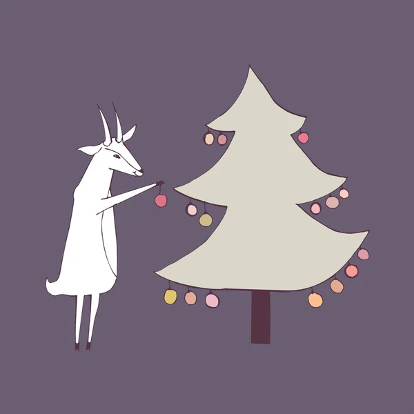 La cabra decora el árbol de Navidad. Ilustración vectorial . — Vector de stock