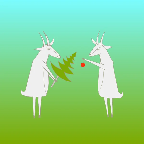 Dos cabras decoran el árbol de Navidad. Ilustración vectorial . — Vector de stock