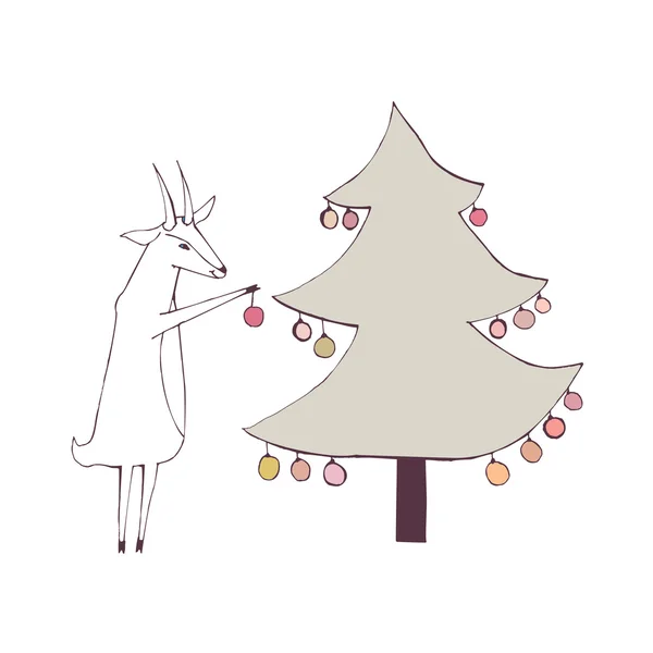 La cabra decora el árbol de Navidad. Ilustración vectorial . — Vector de stock