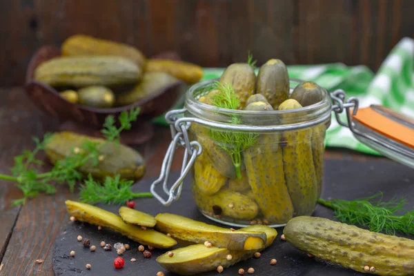 Pickled Cucumbers Herbs Spices Wooden Background Homemade Marinated Cornichons Jar — Stock Photo, Image