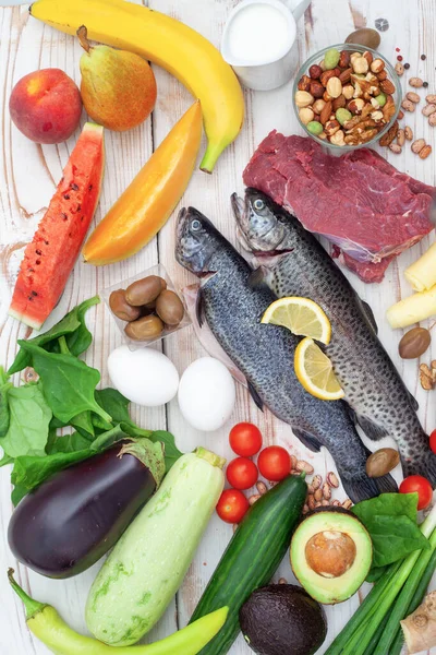 Food selection good for heart and blood vessels. Balanced healthy organic nutrition with meat, fish and vegetables. Ketogenic low carbs diet.