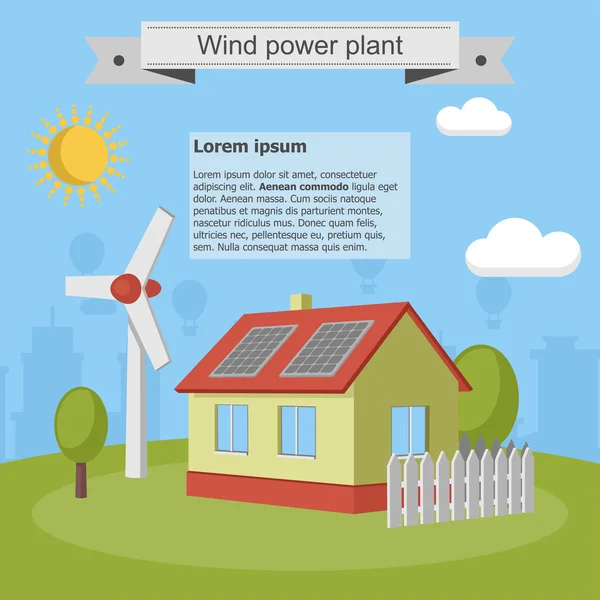 Impianto eolico energia solare casa città città infografica ecologia — Vettoriale Stock
