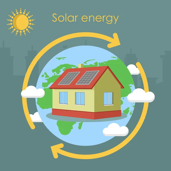 Güneş enerjisi ev paneli ekoloji dünyası — Stok Vektör