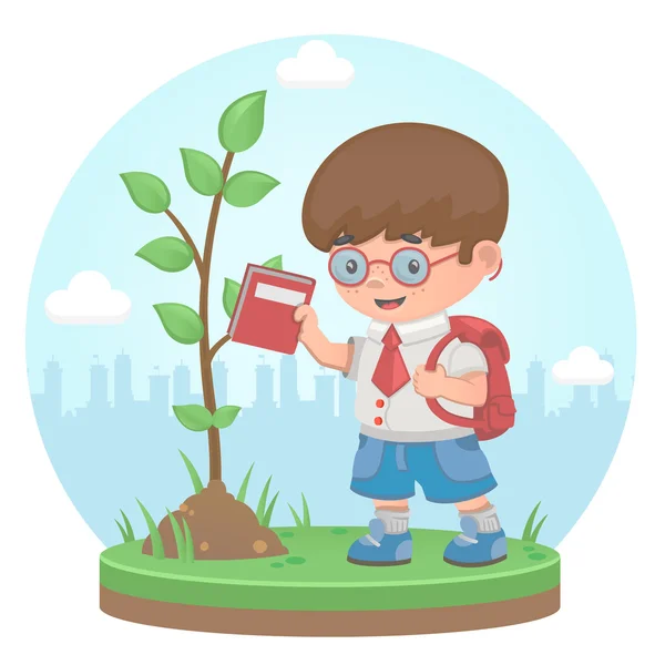 .Niño planta árbol verano — Vector de stock