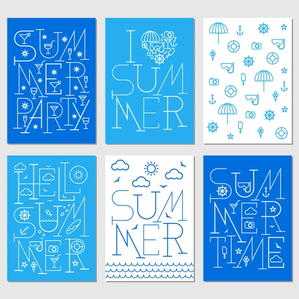 Reihe von Sommerplakaten mit Inschriften und Sommersymbolen. — Stockvektor