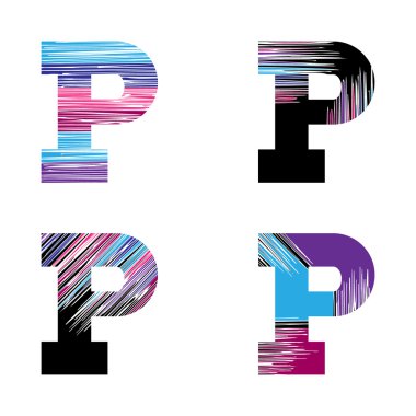 P harfi küme. Vektör grafik alfabe sembol grunge tarzı. 