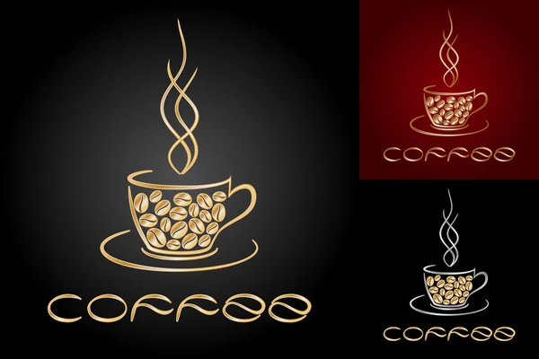Set of card templates with cup and golden coffee beans. — Stock Vector