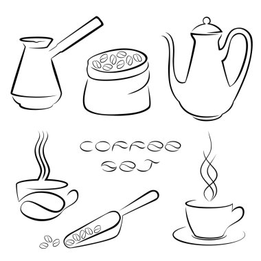 Tasarımınız için siyah kahve öğeleri kümesi