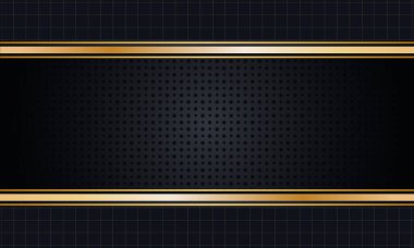 Geometrik şekillerin şık arka plan deseni. Kağıdın dokusuna sahip desen küçük siyah tırtıklı noktalar, yatay eklemler ve altın karelerle eşit olarak doludur. Siyah arkaplanda vektör grafikleri.