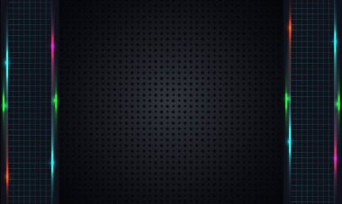 Geometrik şekillerin şık arka plan deseni. Kağıdın dokusuna sahip desen eşit olarak küçük siyah tırtıklı noktalarla, parlak röfleli ve kareli dikey eklerle doludur. Siyah arkaplanda vektör grafikleri.