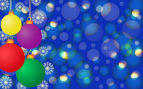 Christmas geometric bokeh background from circles of different sizes with openwork snowflakes and colorful Christmas balls on a blue background. Vector graphics for design and decoration.