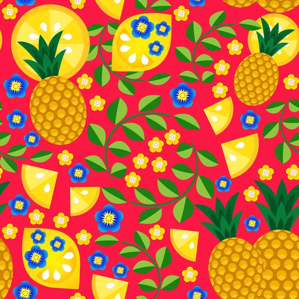 Ananas, limon, yeşil dal ve çiçeklerden oluşan kusursuz meyve deseni. Tasarım ve dekorasyon için vektör grafikleri.. 