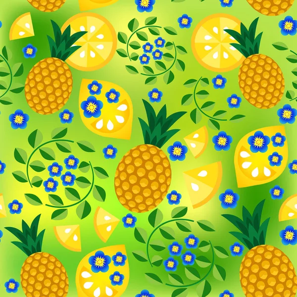 Yeşil arkaplanda dalları olan ananas, limon, limon dilimleri ve mavi çiçeklerden oluşan soyut dikişsiz meyve deseni. Tasarım ve dekorasyon için vektör grafikleri.