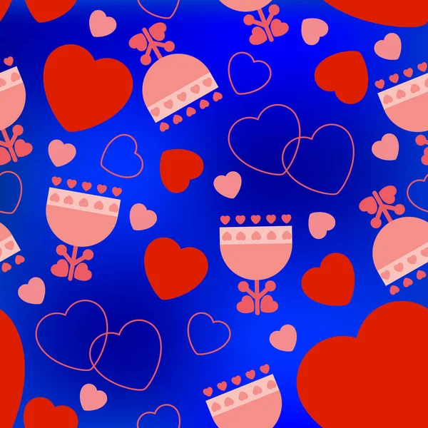 Seamless Pattern Red Hearts Pink Contours Hearts Minimalistic Flowers Blue — Stock Vector