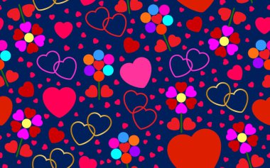 Büyük ve küçük kalplerin kusursuz soyut şablonu, pembe, kırmızı, altın kalp hatları ve mavi arka planda orijinal çiçekler. Tasarım ve dekorasyon için vektör grafikleri.