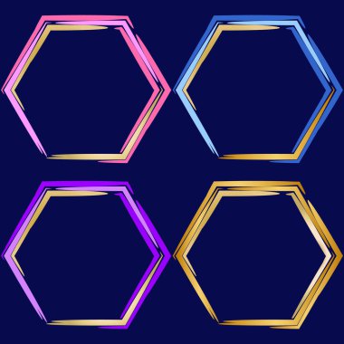 Soyut sanatsal dekoratif poligonal çerçeveler seti pembe, mavi, leylak ve altın renkli. Tasarım ve dekorasyon çerçevesi, metin, reklam, fotoğraf, resim.