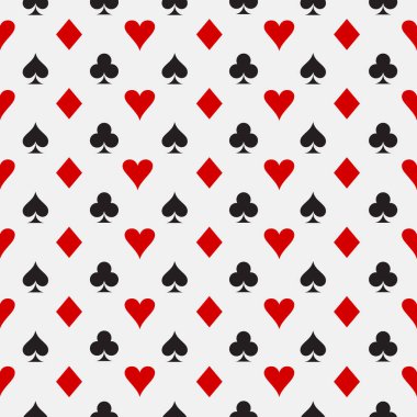 Seamless pattern of symbols of card suit - clubs, tambourines, spades, hearts on a white background.Vector graphics for design and decoration.