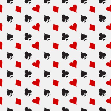 Seamless stylish pattern of red and black symbols of card suit - clubs, tambourines, spades, hearts on a white background.Vector graphics for design and decoration.