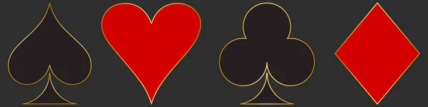  Pattern of isolated symbols of card suit - clubs, diamonds, spades, hearts with a golden outline on a dark gray background.Vector graphics for design and decoration.
