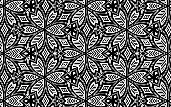 Чорно Біла Геометрична Текстура Народним Візерунком Квітами Трикутниками Багатокутниками Каракулі — стоковий вектор