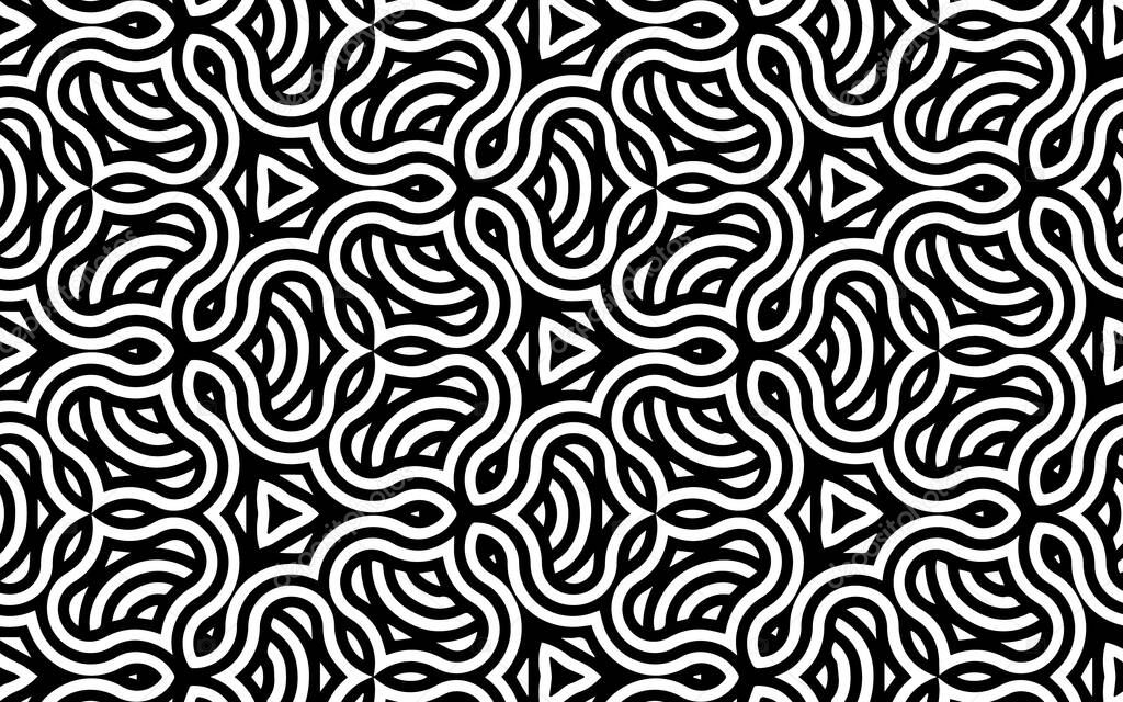 Black white geometric texture with Indian pattern of intertwined lines in doodling style. Ethnic background for design decoration, wallpaper, textile, coloring book.