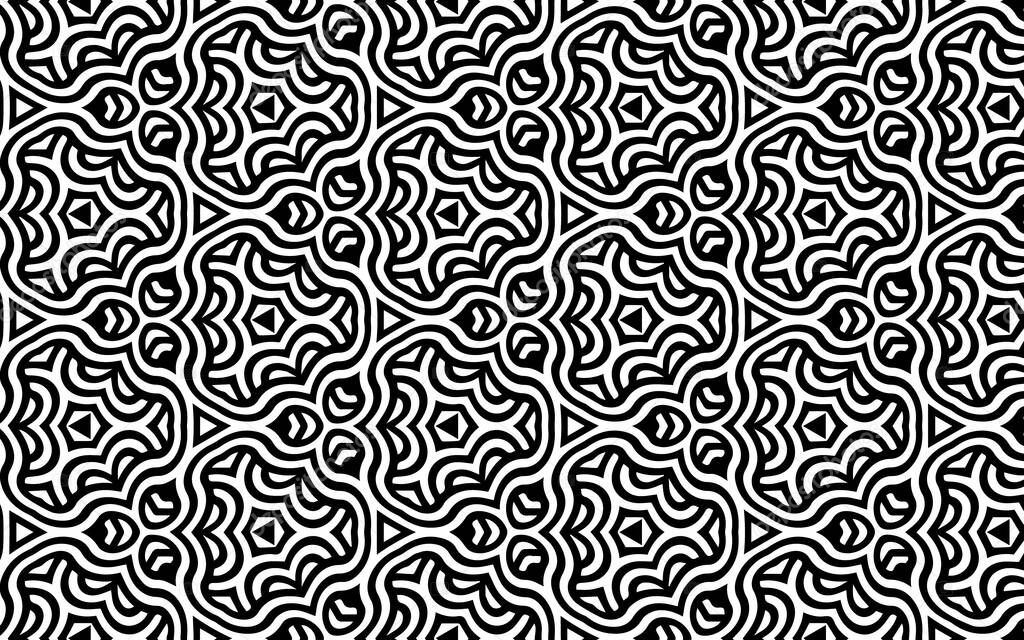 Black white geometric texture with doodling style pattern. Ethnic background for design decoration, wallpaper, textile, coloring book.
