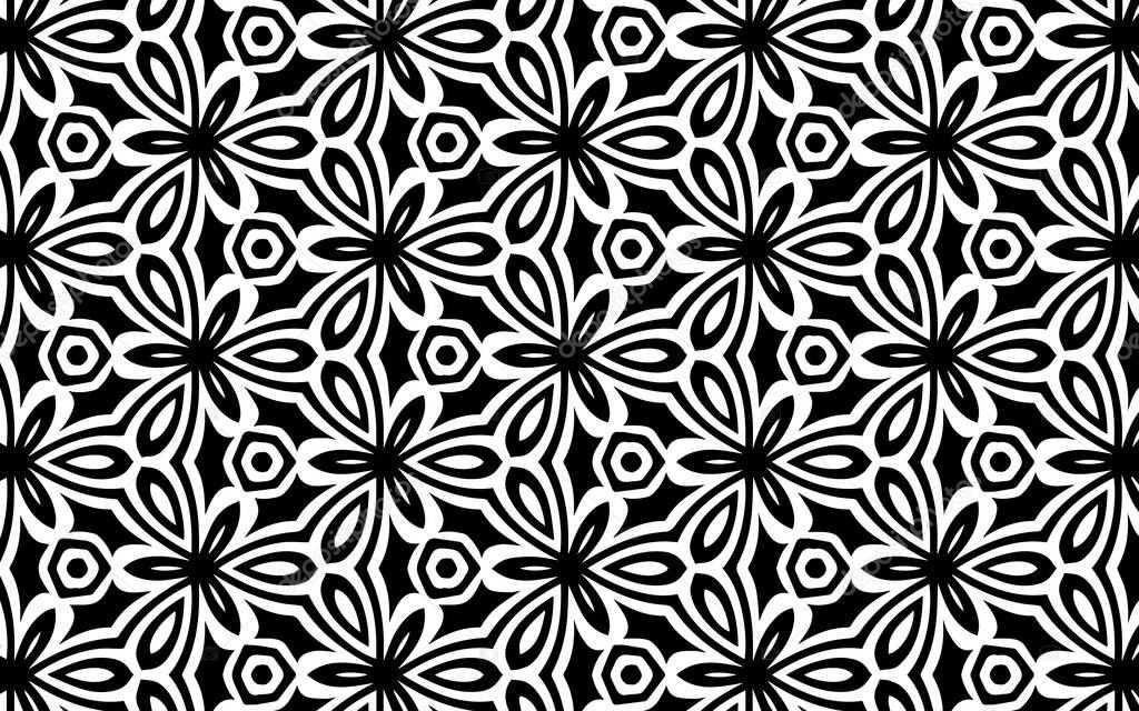 Black white geometric texture with folk style pattern. Ethnic background for design decoration, wallpaper, textile, coloring book.