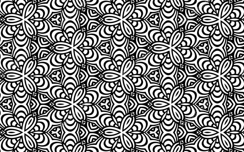 Black white geometric texture with folk pattern in doodling style. Ethnic background for wallpaper, textiles, business cards, coloring books.