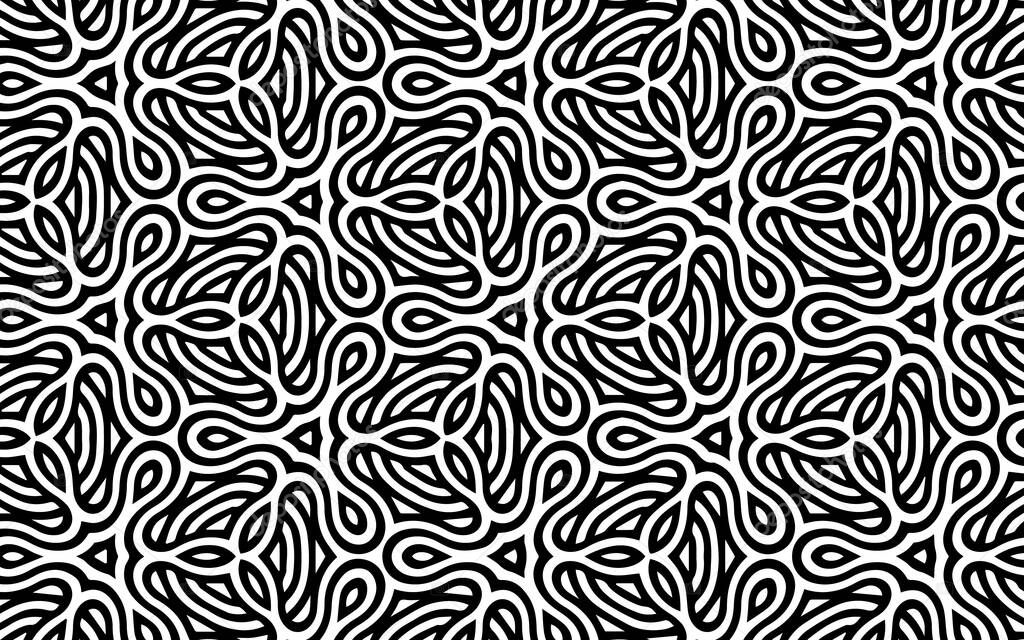 Black white geometric texture with Indian intertwined lines pattern. Ethnic original background in doodling style for design and decoration.