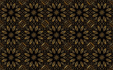 Altın desenli etnik bir süs. Şekil verilmiş çiçeklerle Geometrik siyah arkaplan. Duvar kağıdı, ambalaj kağıdı, tekstil, kumaş, web sitesi, boyalı cam dekor için tasarım.