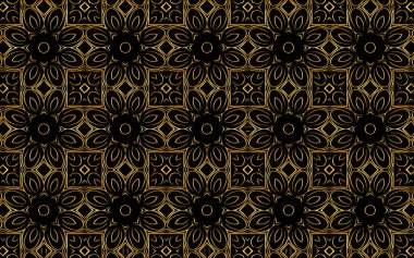 Soyut çiçekler ve çokgenlerle soyut altın desenli etnik süs. Geometrik siyah zemin. Duvar kağıdı, ambalaj kağıdı, tekstil, kumaş, web sitesi, boyalı cam dekor için tasarım.