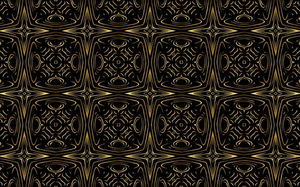 Soyut altın desenli çizgilerden oluşan etnik bir süs. Çokgenli geometrik siyah arkaplan. Duvar kağıdı, ambalaj kağıdı, tekstil, kumaş, web sitesi, boyalı cam dekor için tasarım.