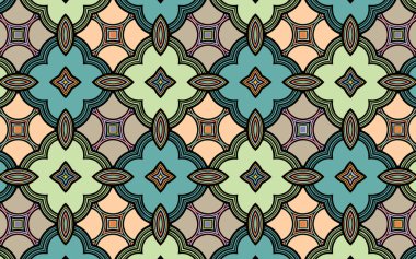 Geleneksel oryantal desenlerin açık renkli etnik renkli süslemeleri. Hint karalaması tarzında bir doku. Duvar kağıdı, ambalaj kağıdı, tekstil, kumaş, web sitesi, boyalı cam dekor için geometrik arkaplan.