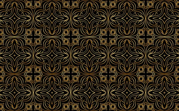 民族東洋美術の装飾 ゴールドパターンでスタイリッシュな質感 包装紙 ファブリック ウェブサイト ステンドグラスの装飾のための幾何学的な黒の背景 — ストックベクタ