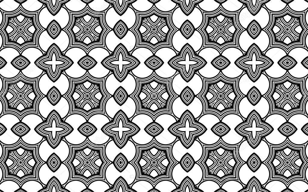 Ethnic geometric background inspired by oriental doodling. Abstract black white template. Patterned unique texture for coloring book, textile, wallpaper.